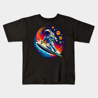 Cat Surfing a in Universe - For Space Astronaut Cat Kids T-Shirt